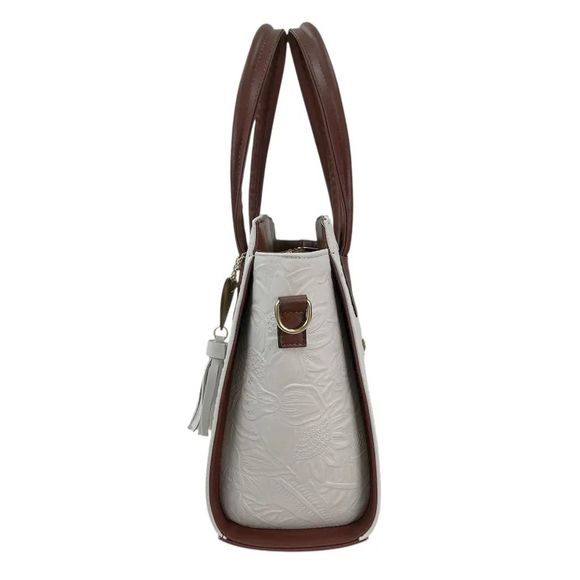 Floral White & Brown Cross Stitch Embossed Tooled Artisan LEATHER Bag Purse Tote - Picture 5 of 12